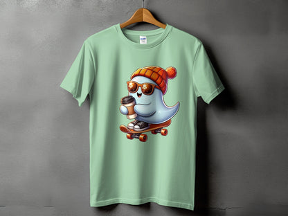 Light green t-shirt with a cartoon ghost wearing a hat and sunglasses, riding a skateboard with coffee.