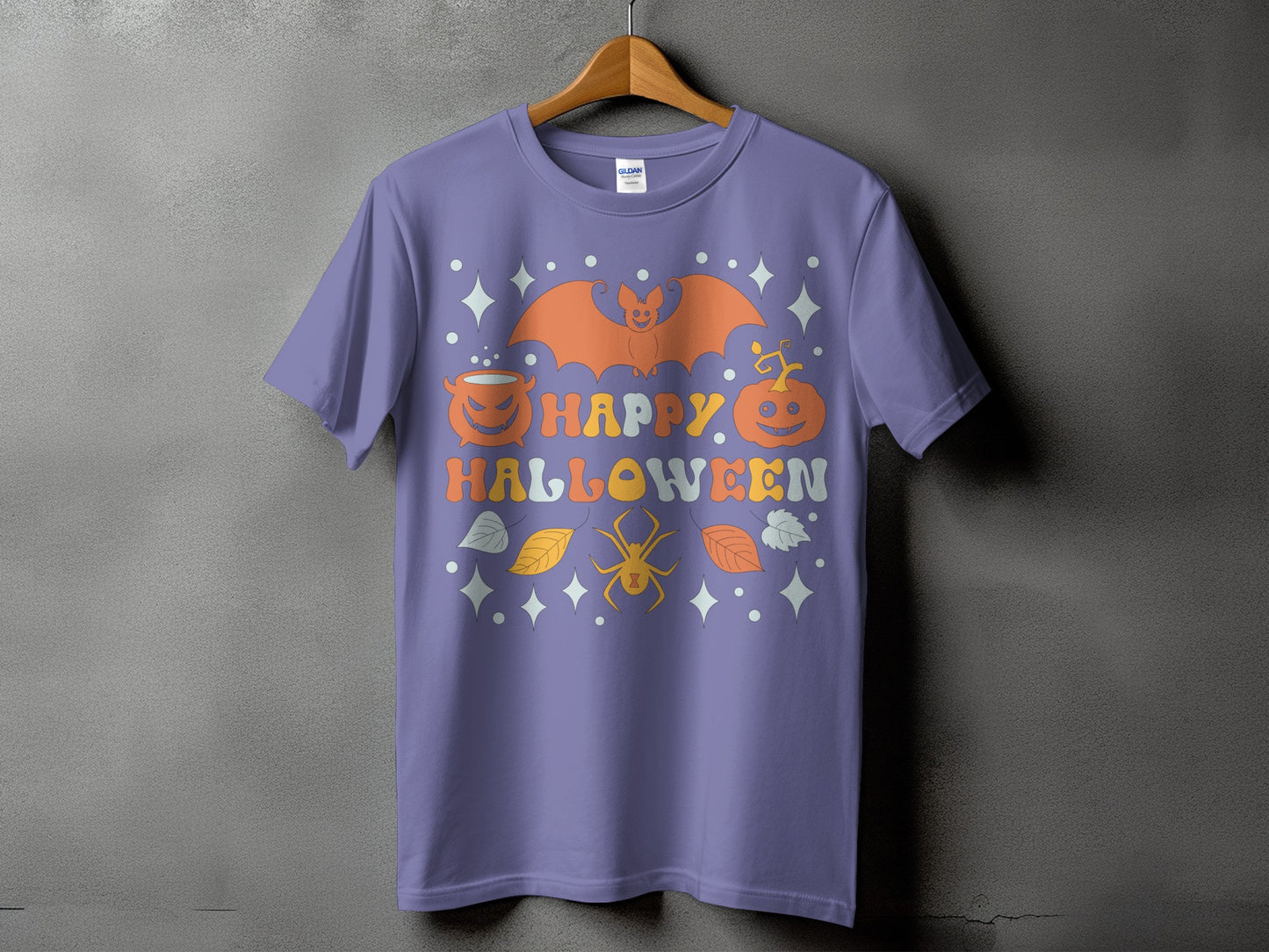 Purple t-shirt with "Happy Halloween" graphic featuring bat, pumpkin, and spider.