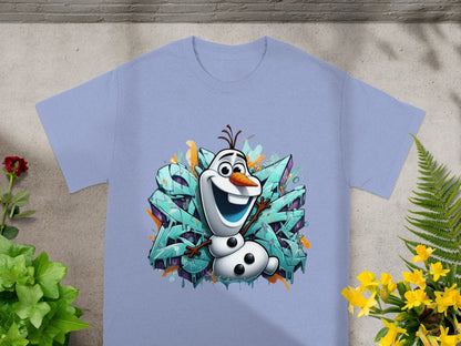 Olaf the snowman t-shirt with graffiti background.