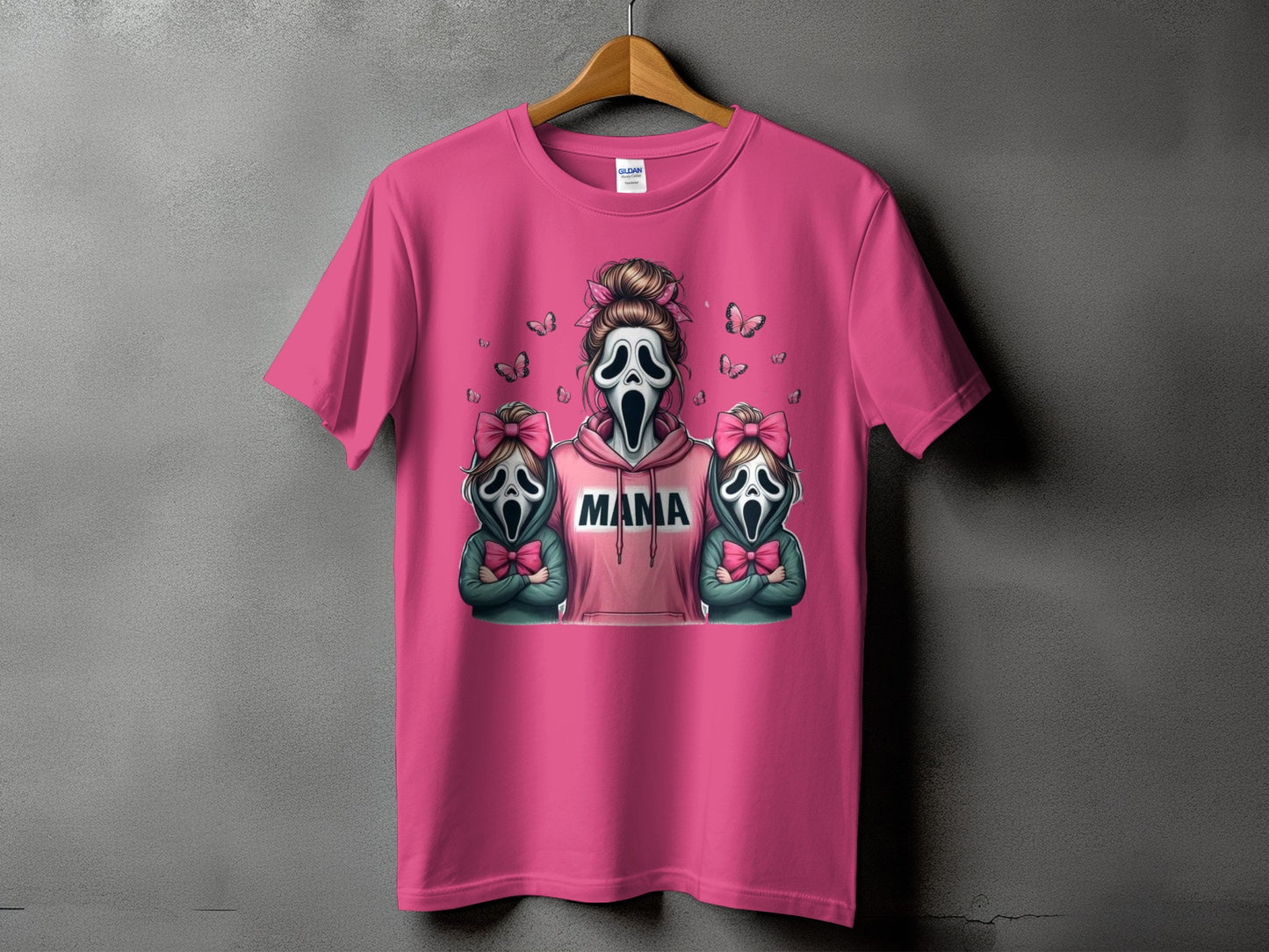 Pink t-shirt with "Mama" and ghost characters with pink bows and butterflies.