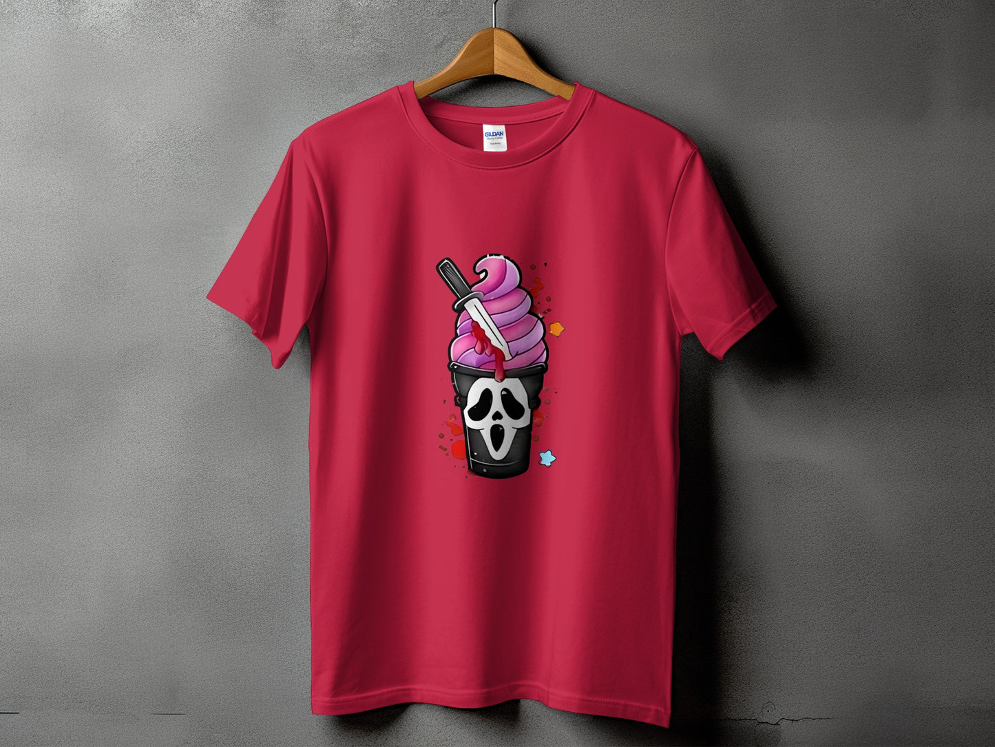 Red t-shirt with a graphic of a spooky ice cream cone and a knife.
