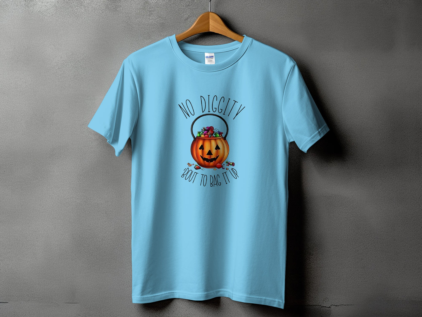 Light blue t-shirt with "No Diggity 'Bout To Bag It Up" Halloween graphic.