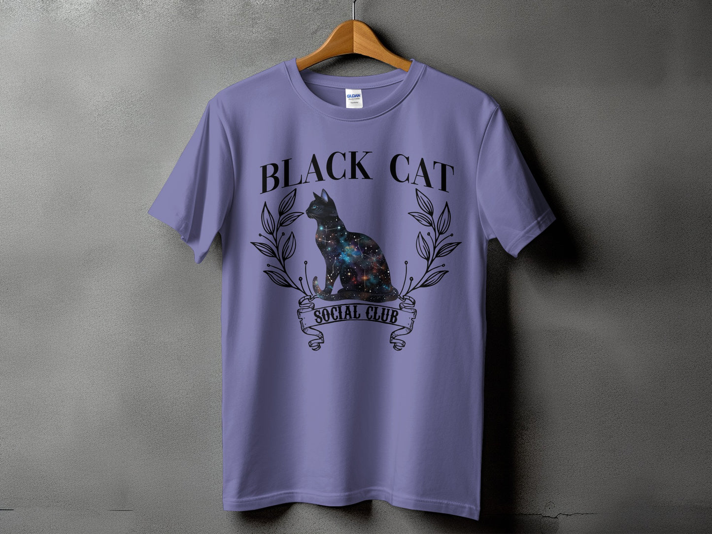 Purple t-shirt with "BLACK CAT SOCIAL CLUB" text and a galaxy-filled cat design.