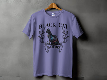 Purple t-shirt with "BLACK CAT SOCIAL CLUB" text and a galaxy-filled cat design.