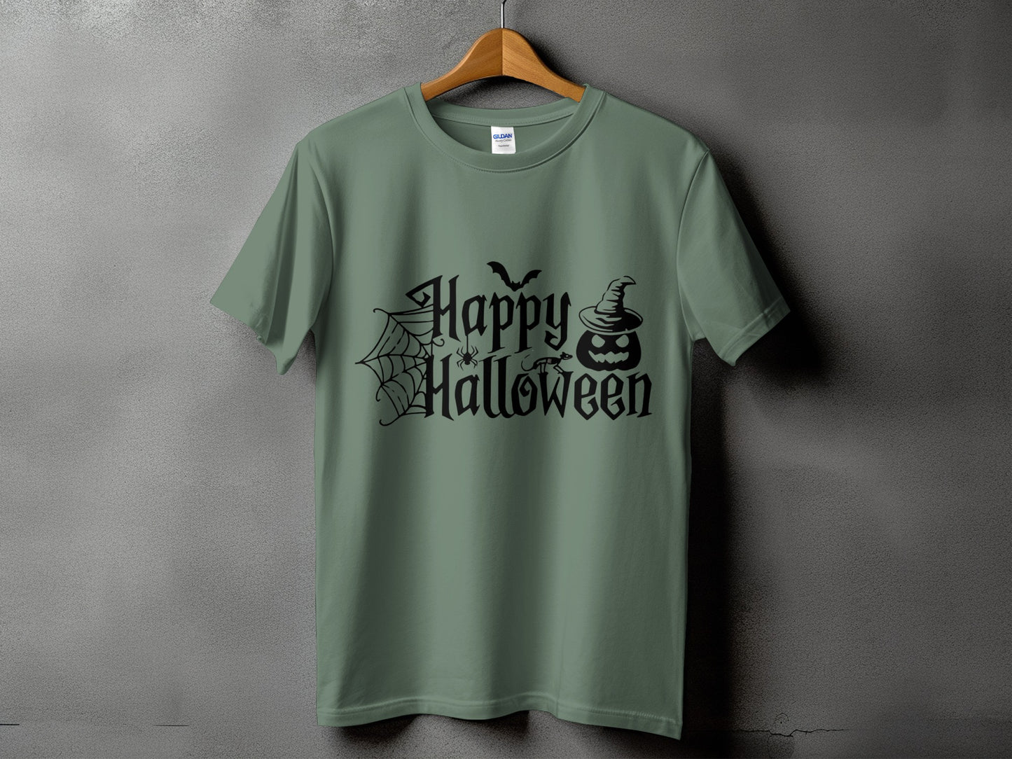 Green t-shirt with black "Happy Halloween" text, spider, bat, and pumpkin.