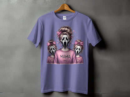 Purple t-shirt with "MAMA" and two ghost figures with pink bows.