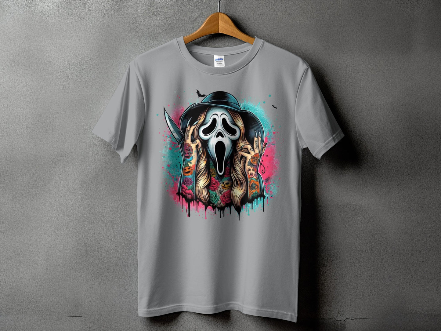 Gray t-shirt with Ghostface mask, knife, and colorful tattoo-style graphic.