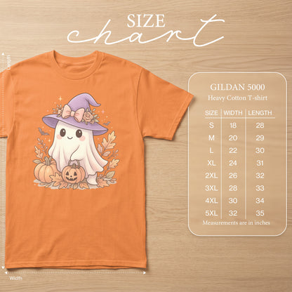 Orange Gildan 5000 t-shirt with a cute ghost graphic and size chart.