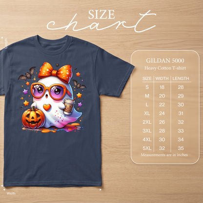 Size chart for Gildan 5000 heavy cotton t-shirt with ghost graphic.