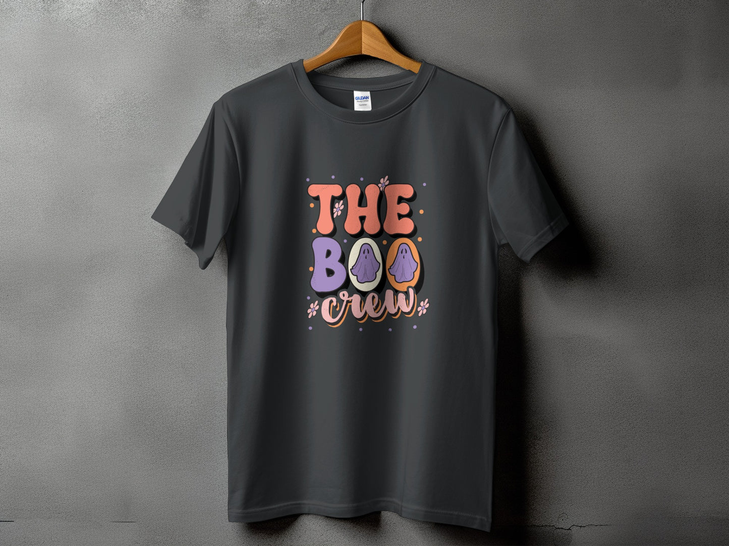 Dark grey t-shirt with "The Boo Crew" text and ghost graphics.