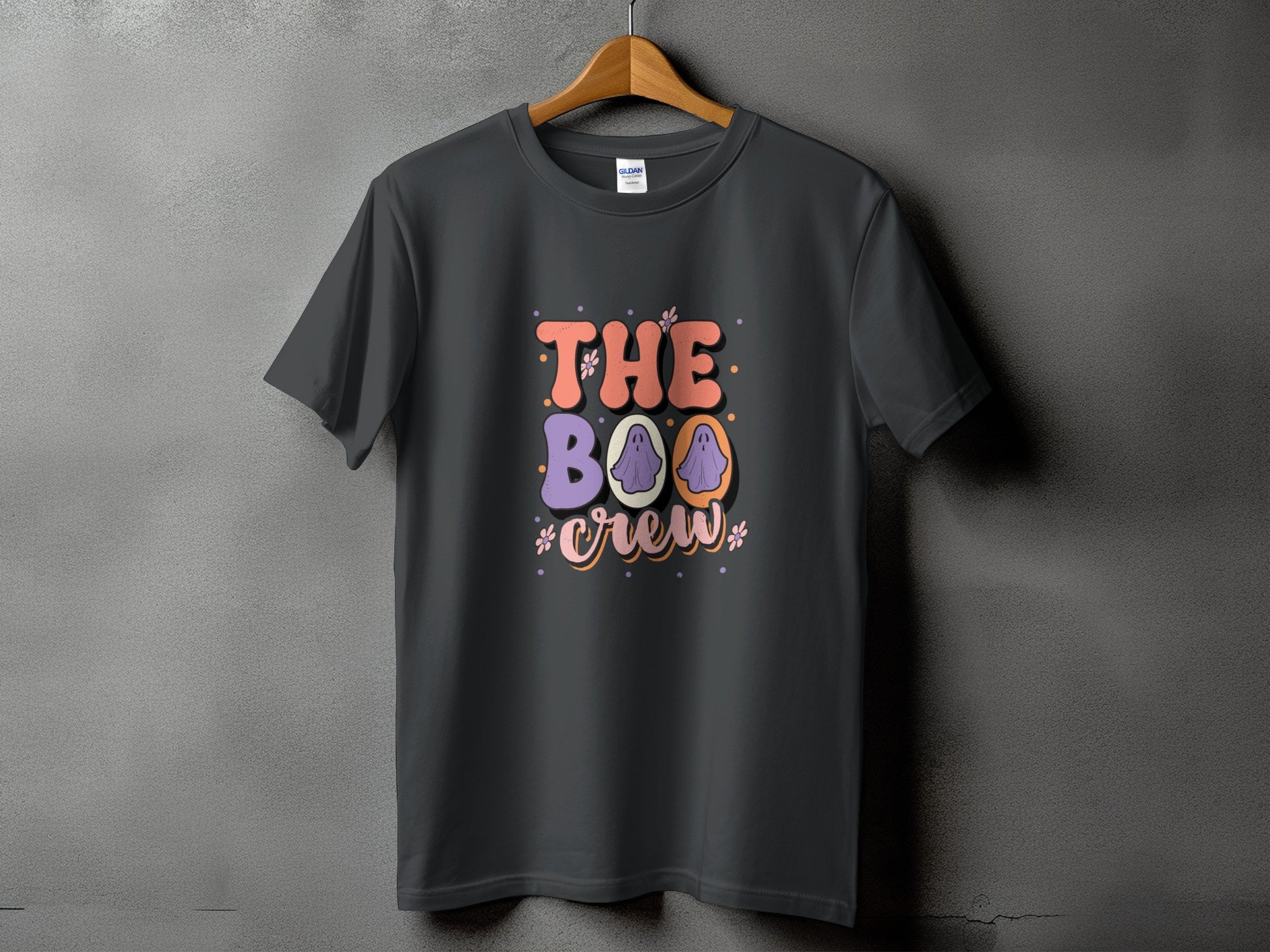 Dark grey t-shirt with "The Boo Crew" text and ghost graphics.