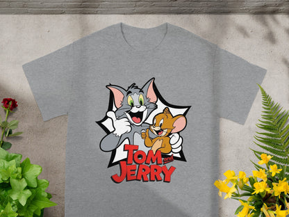 Tom and Jerry cartoon characters on a grey t-shirt.
