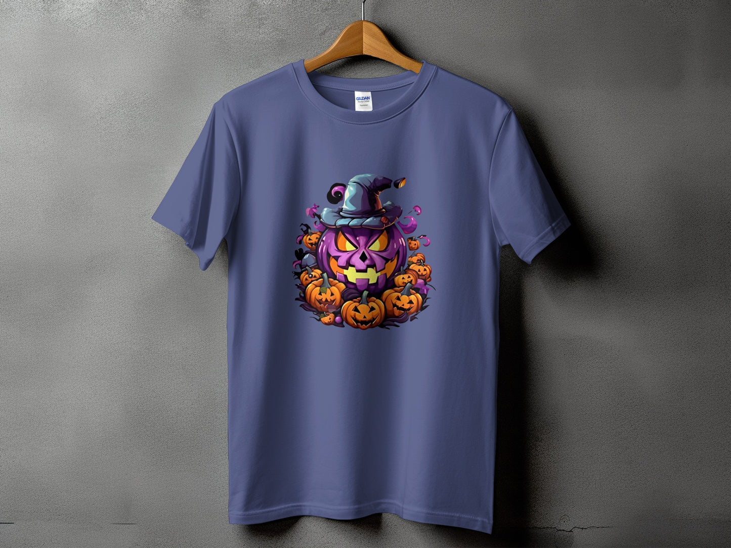 Purple t-shirt featuring a stylized, grinning jack-o'-lantern with a witch hat and smaller pumpkins.