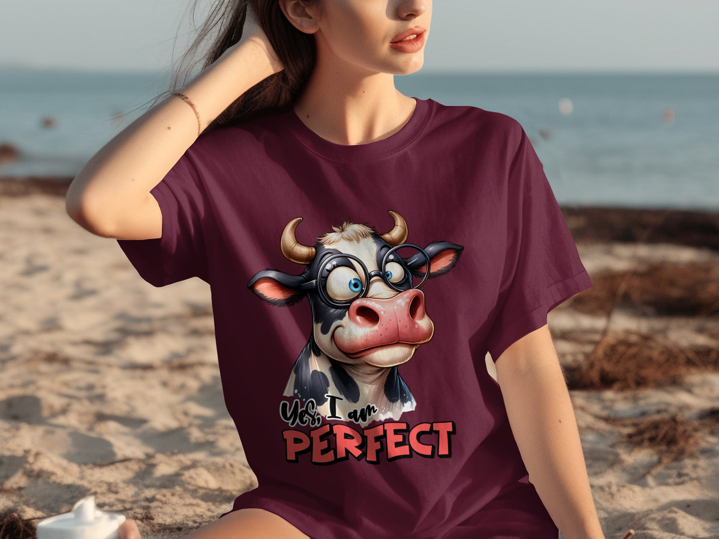 Funny Cartoon Cow in Glasses Yes I Am Perfect T-Shirt