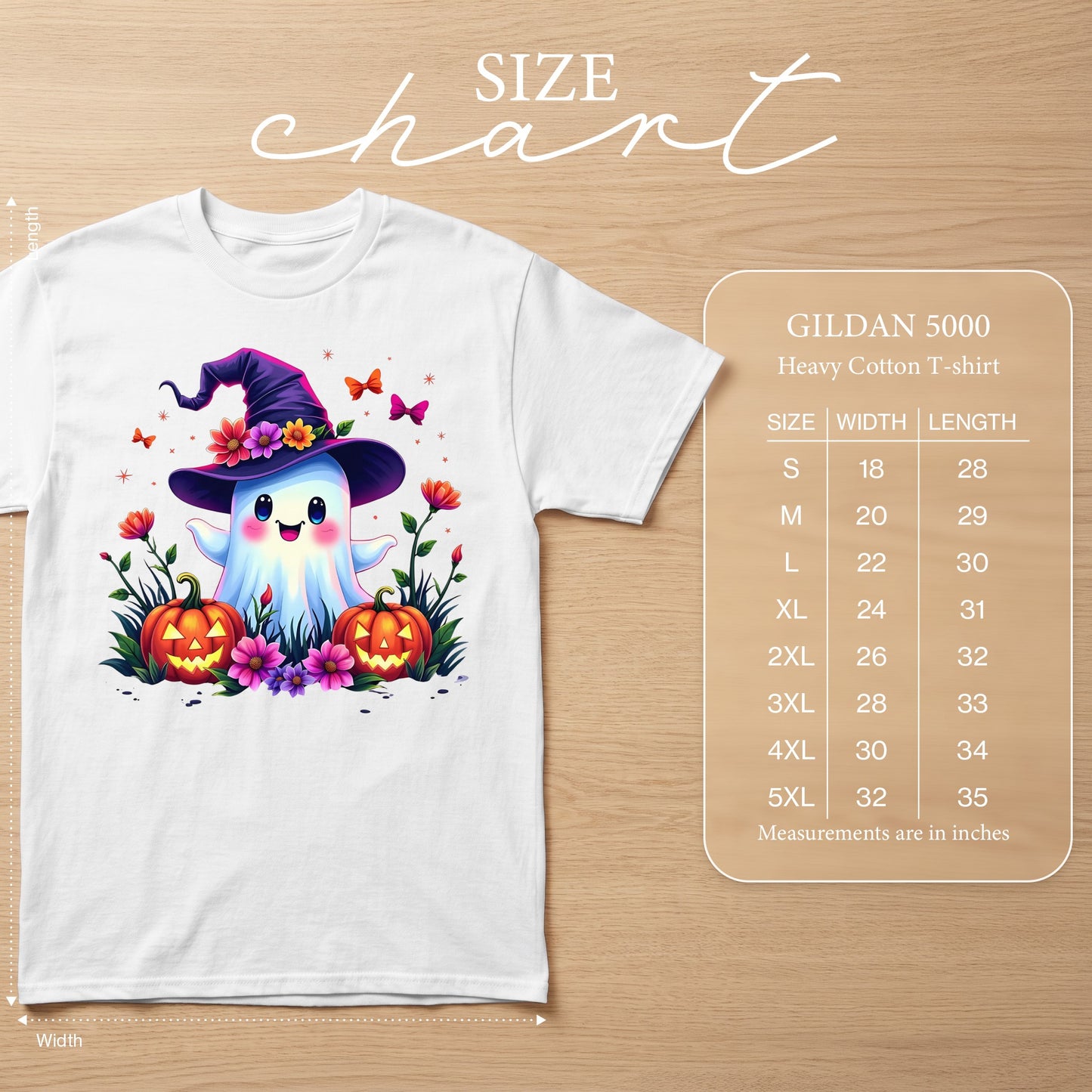 White Gildan 5000 t-shirt with a cute ghost graphic and size chart.