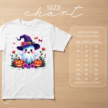 White Gildan 5000 t-shirt with a cute ghost graphic and size chart.