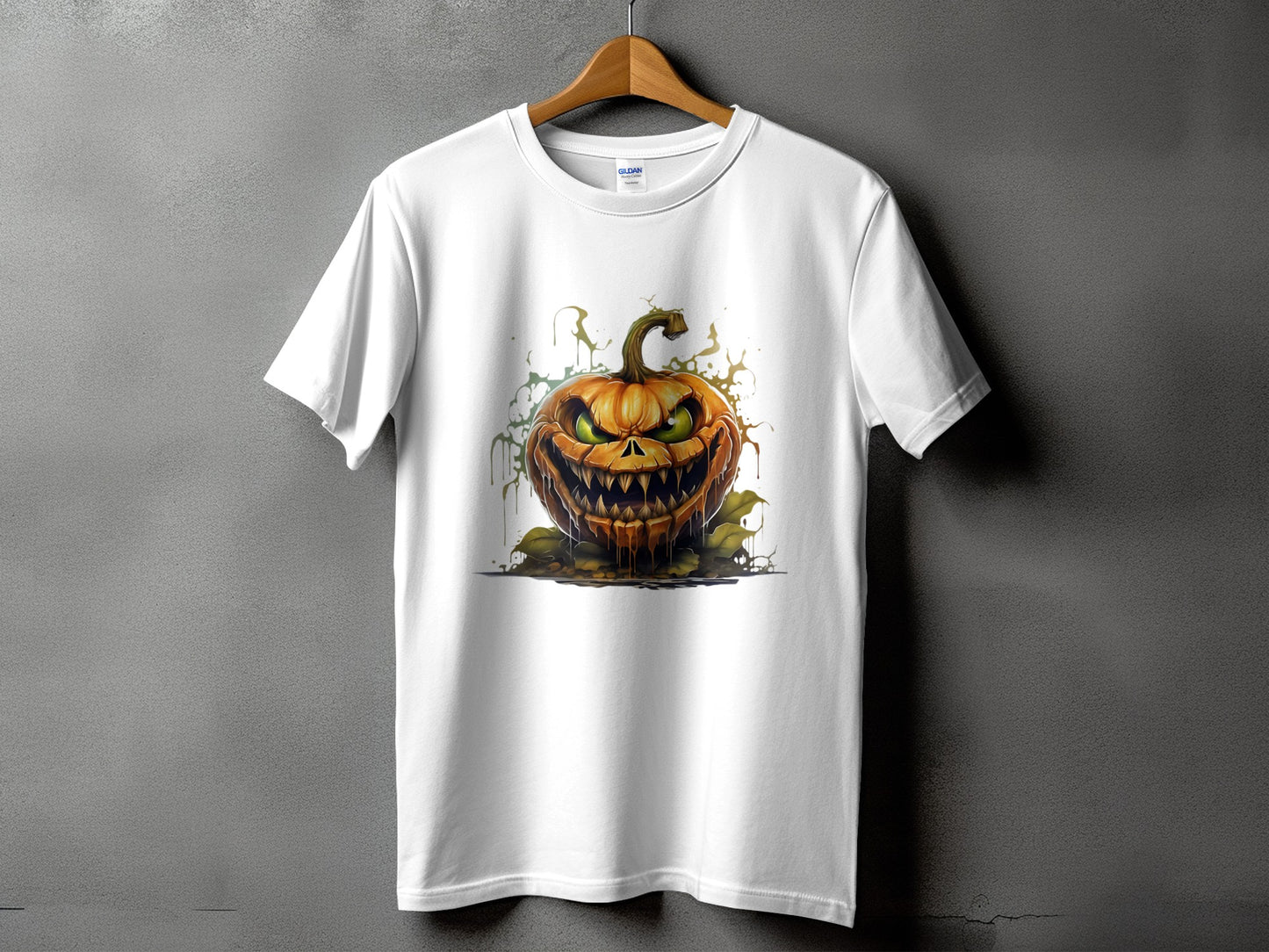White t-shirt with a fierce Jack-o'-lantern Halloween graphic and drips.