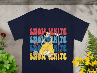 Snow White graphic on a navy blue t-shirt with yellow accents.