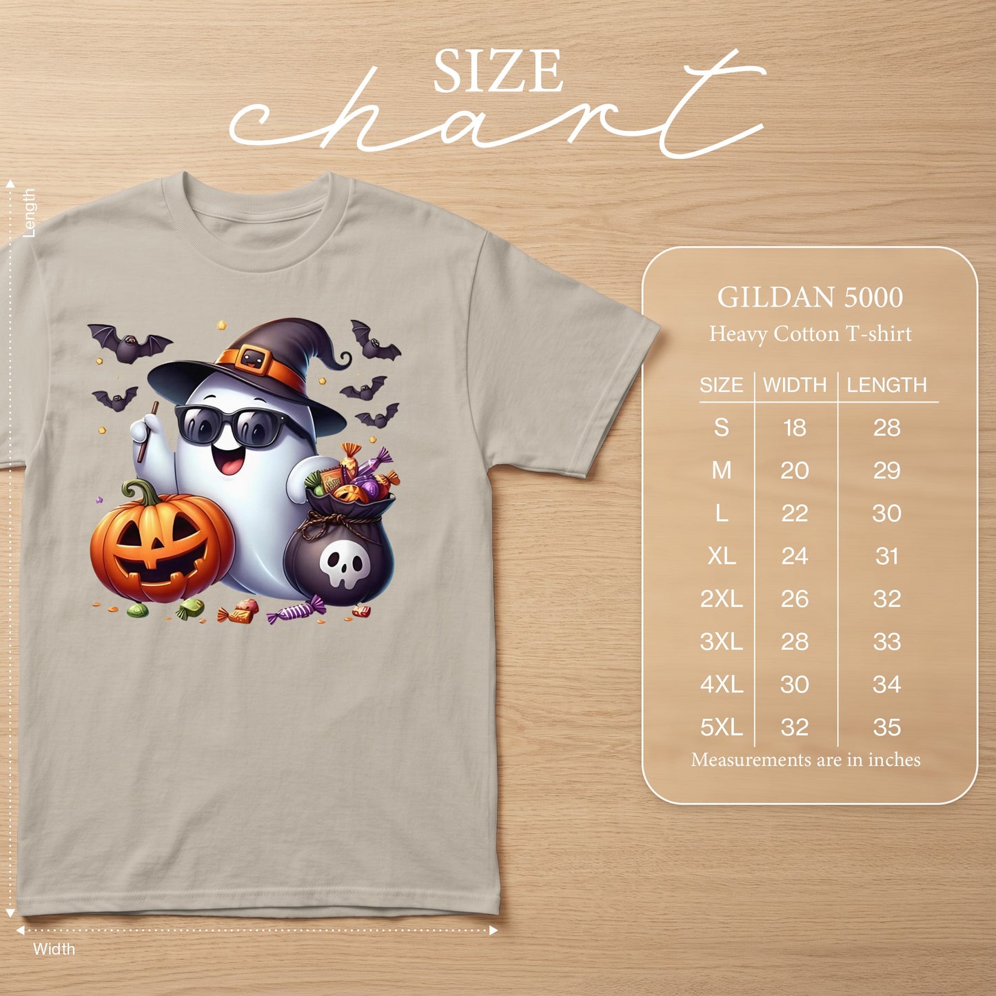 Ghost in witch hat with sunglasses, pumpkin, candy bag, and bats, GILDAN 5000 size chart.