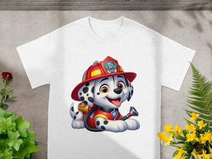 Marshall from Paw Patrol wearing a firefighter helmet and jacket.