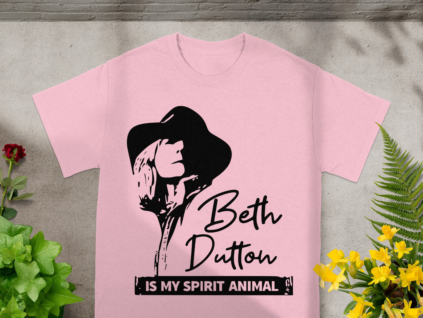 Pink t-shirt with Beth Dutton graphic and text: "IS MY SPIRIT ANIMAL".