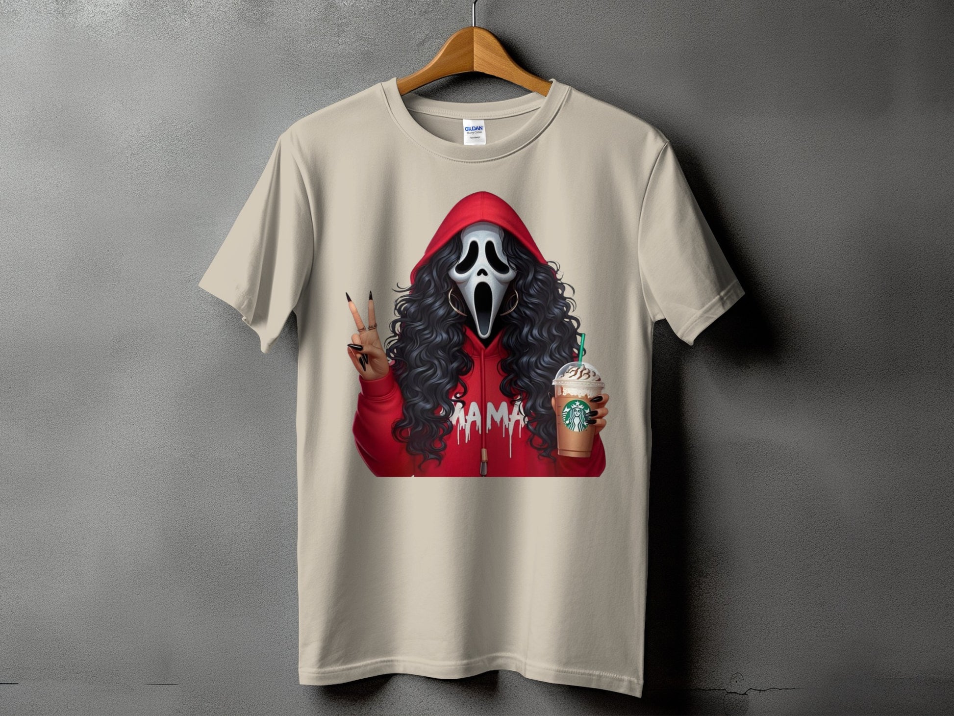 Scream ghost face in red hoodie holding Starbucks, with "MAMA" text.