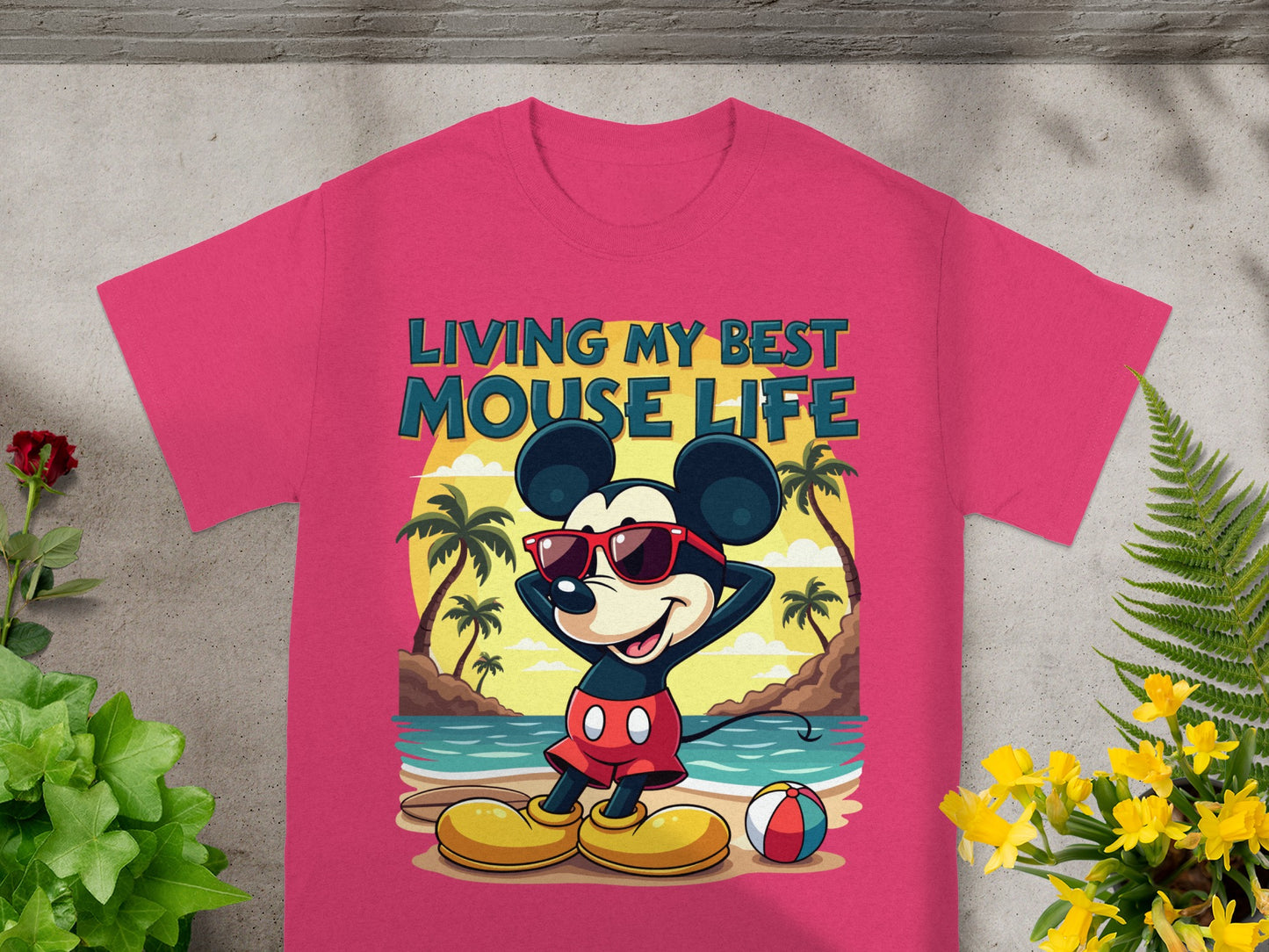 Mickey Mouse on beach with text "LIVING MY BEST MOUSE LIFE".