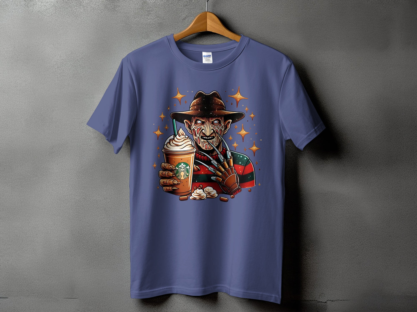 Freddy Krueger holding a Starbucks drink with a starry background.