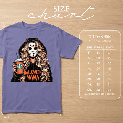 T-shirt featuring a woman in a Jason Voorhees mask holding a coffee, with "Halloween Mama" text.
