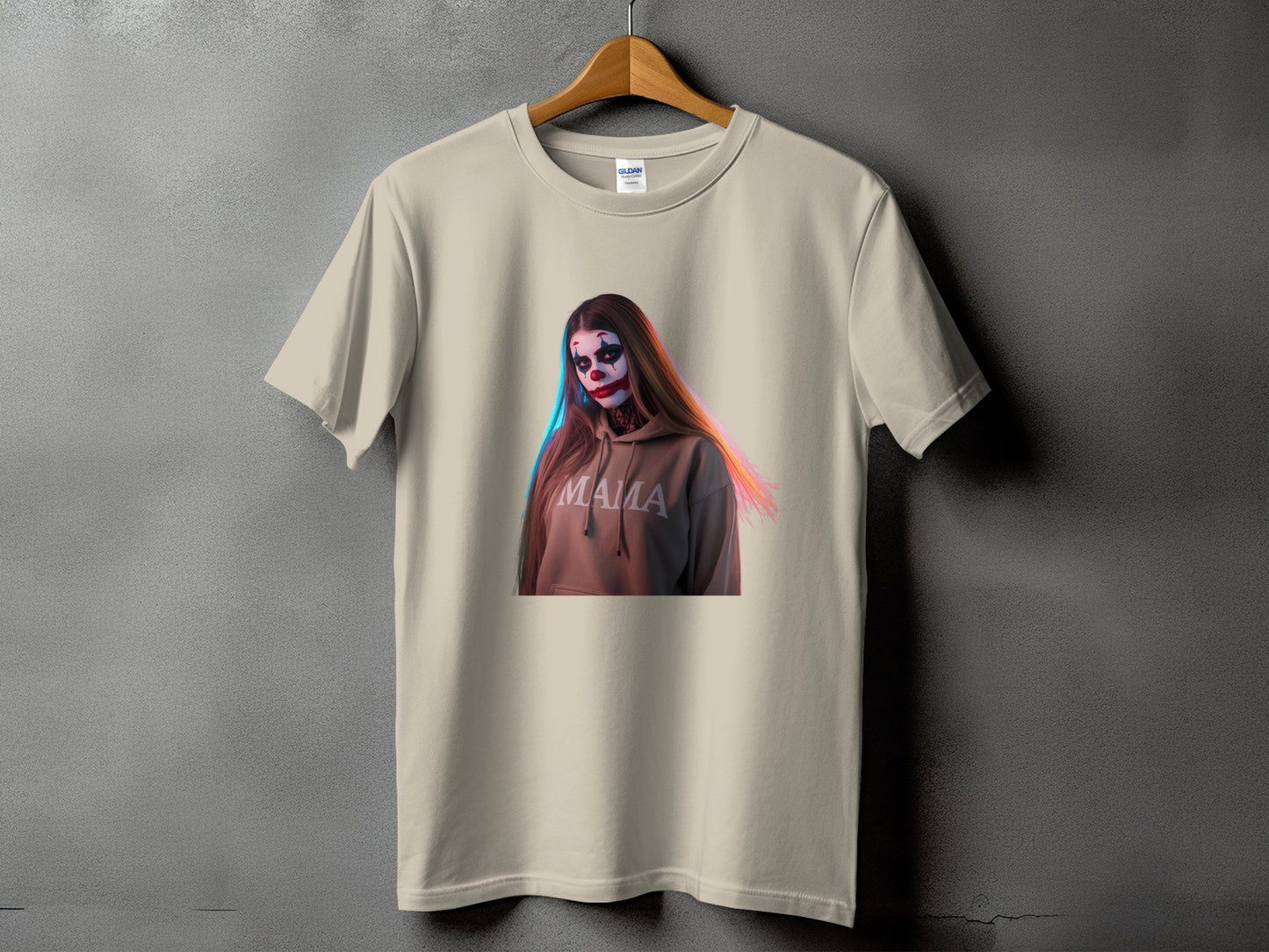 Beige t-shirt with graphic of a woman with clown makeup and "Mama" text.
