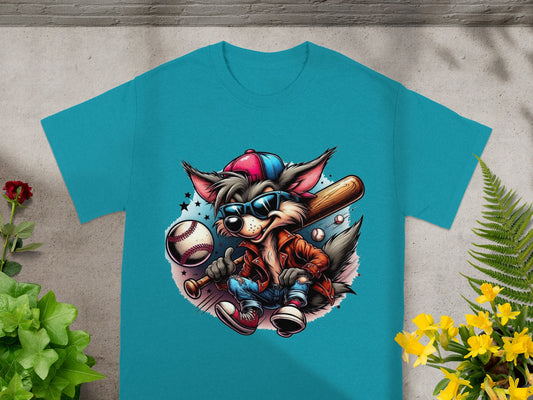 Cool Baseball Themed Cartoon Fox Graphic T-Shirt