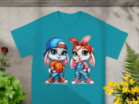Cute Cartoon Bunny Duo in Hip Hop Outfits T-shirt