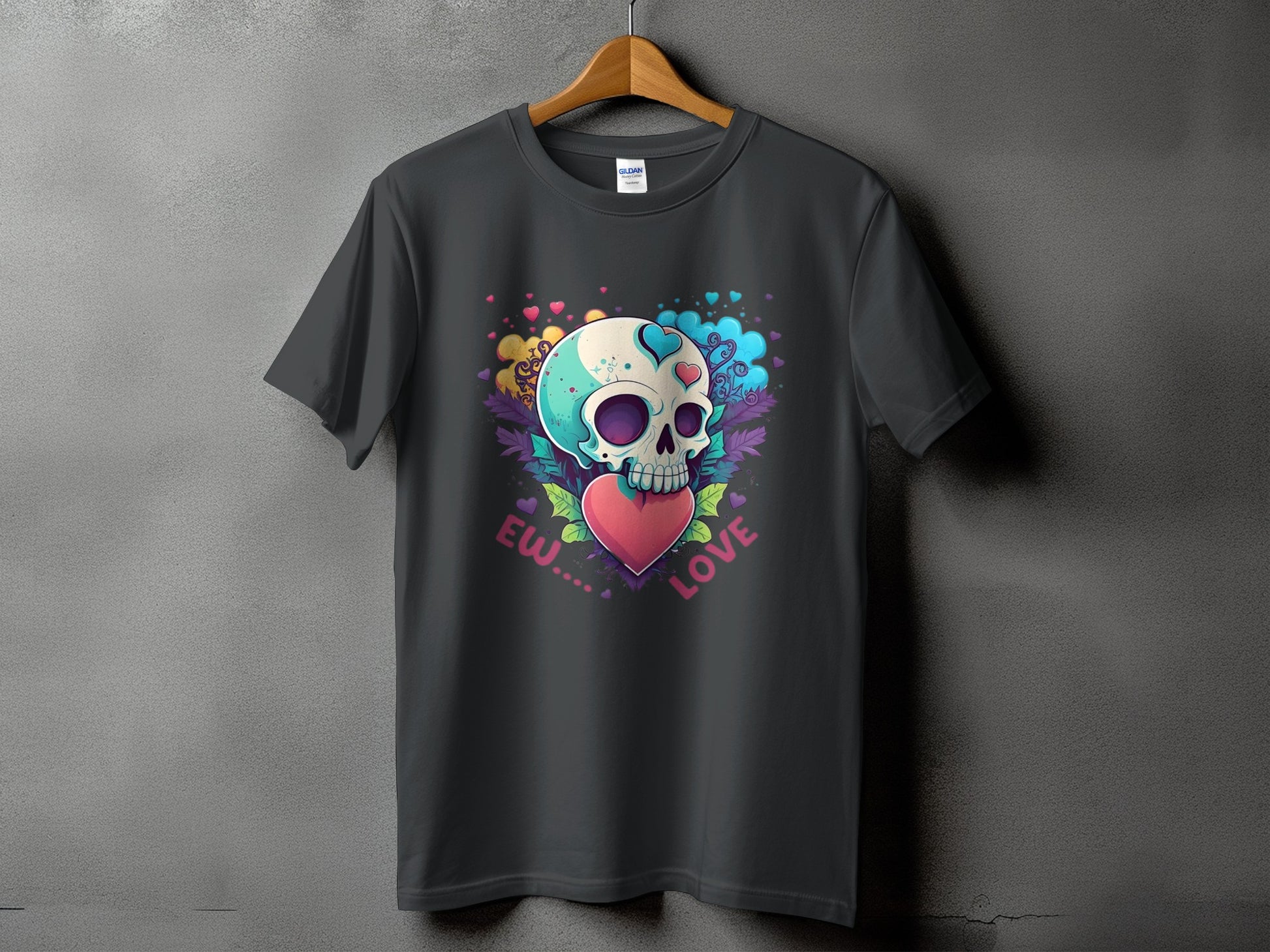Dark t-shirt with a skull holding a heart graphic and the words "Ew.... Love".