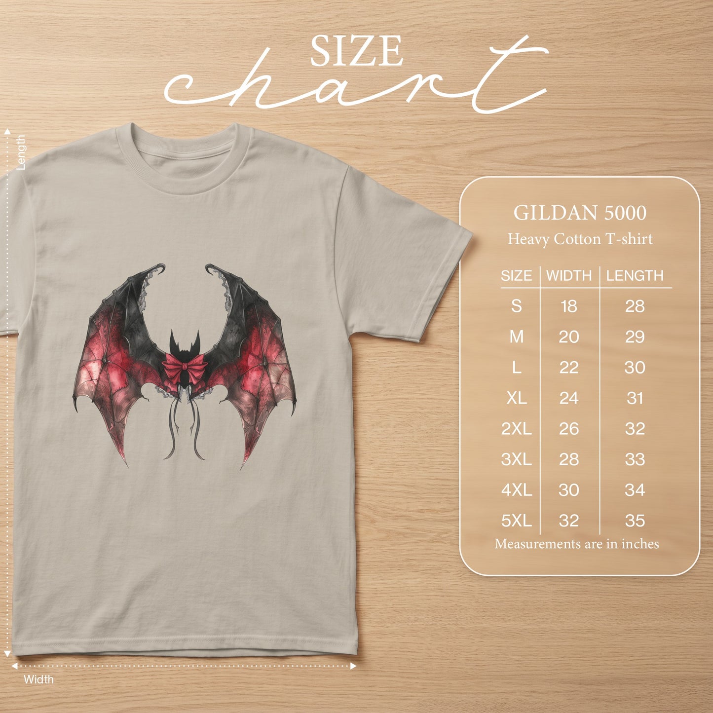 GILDAN 5000 Heavy Cotton T-shirt with gothic bat graphic and size chart.
