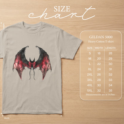 GILDAN 5000 Heavy Cotton T-shirt with gothic bat graphic and size chart.