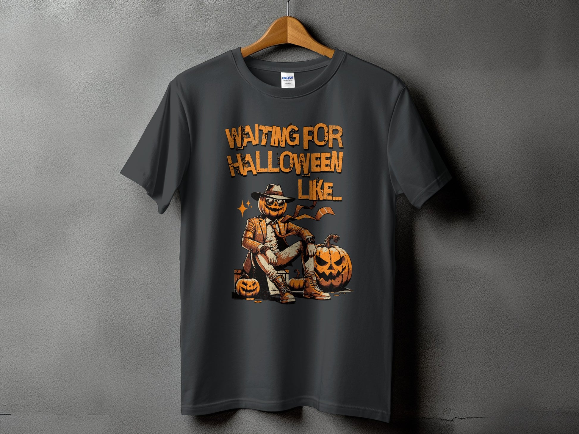 Dark grey t-shirt with "Waiting for Halloween Like" and jack-o'-lantern graphic.