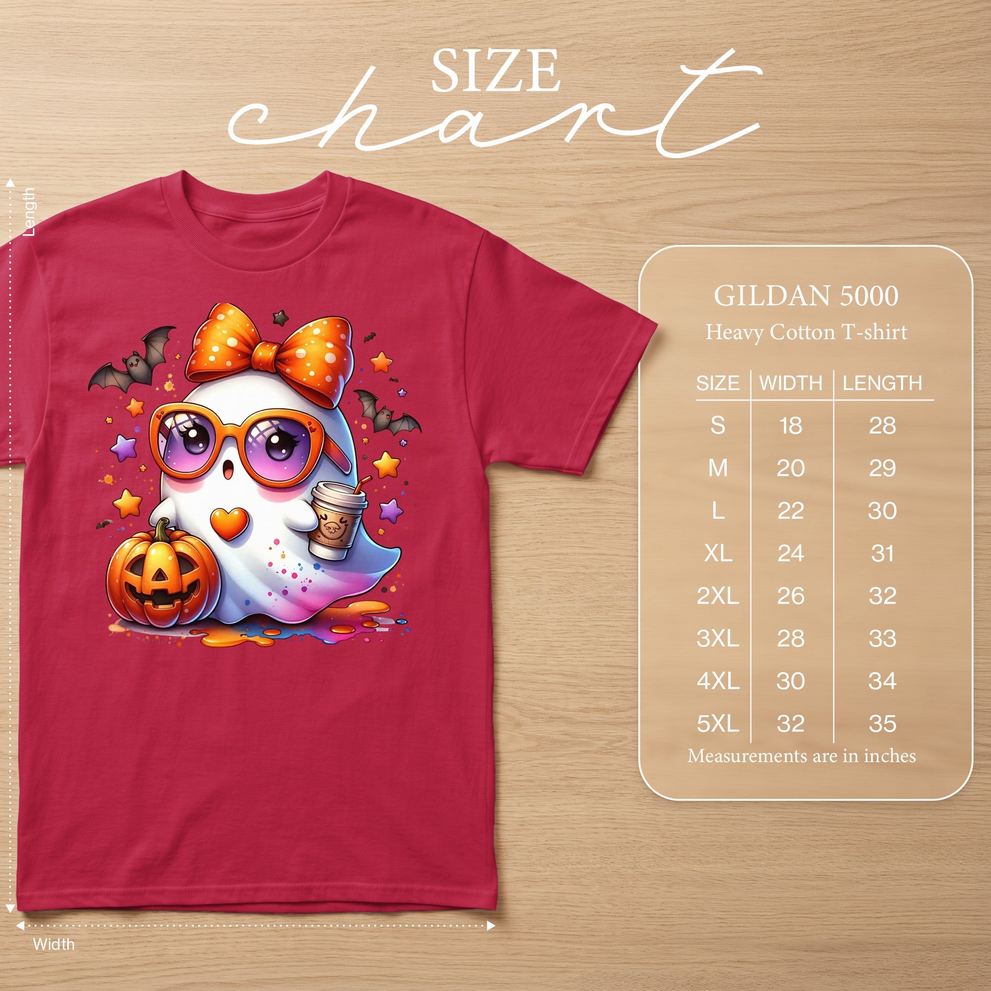 Red t-shirt with ghost graphic and Gildan 5000 size chart.