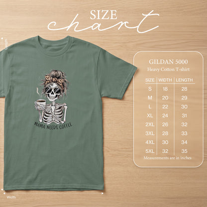 Green Gildan 5000 t-shirt with skeleton graphic and size chart.