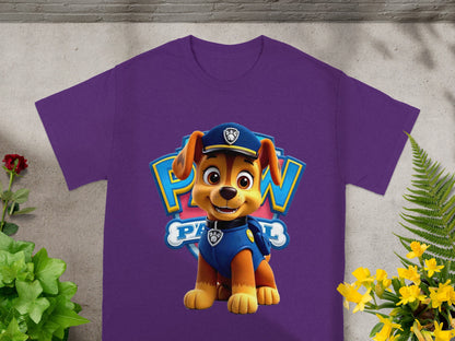 Chase from Paw Patrol on a purple t-shirt with Paw Patrol logo.