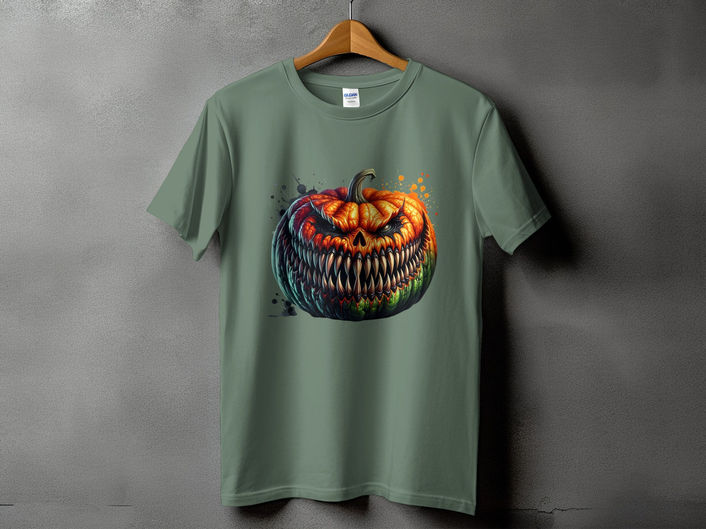 Green t-shirt with a detailed, snarling jack-o'-lantern graphic.