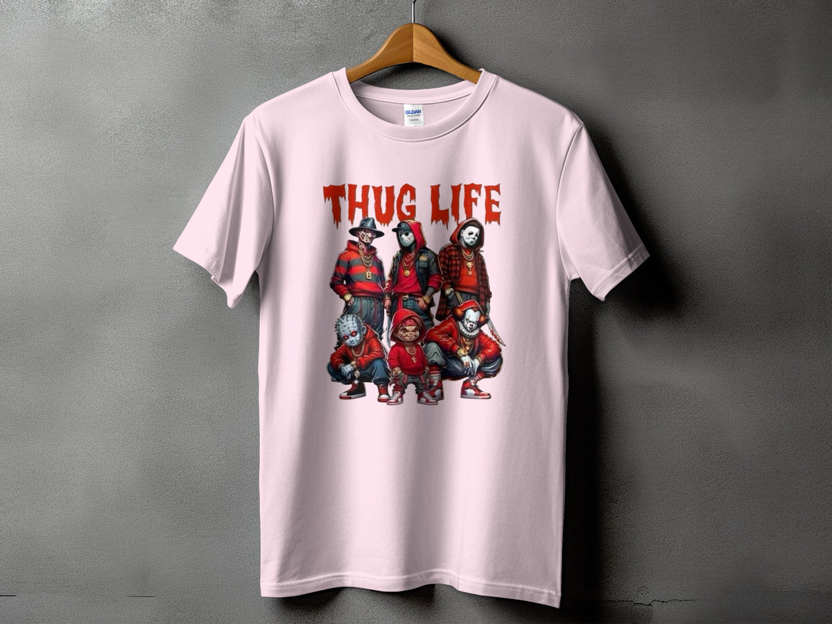 Pink t-shirt with horror movie villains in "Thug Life" pose.