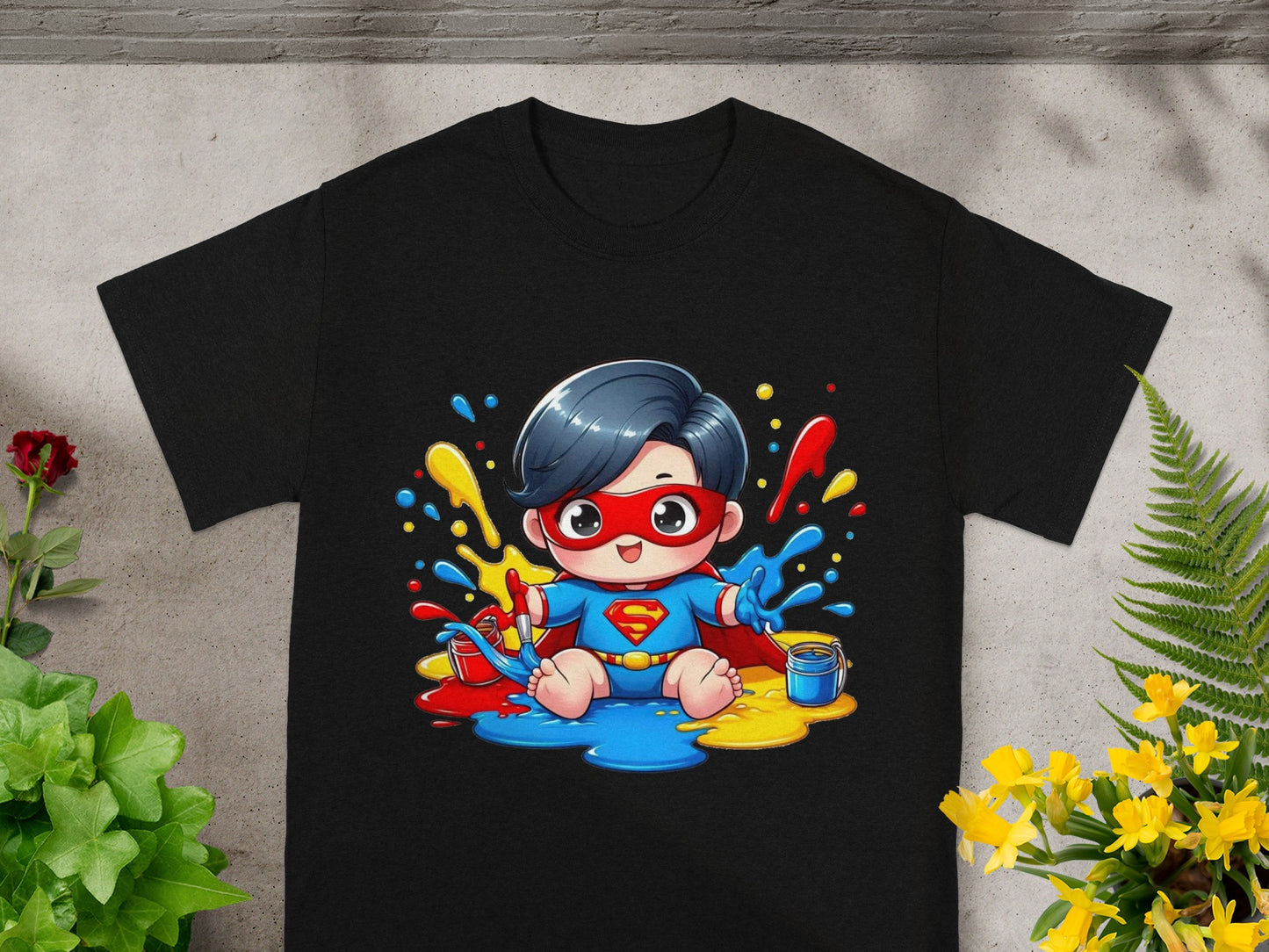 Cartoon superhero baby sitting in colorful paint splatters.