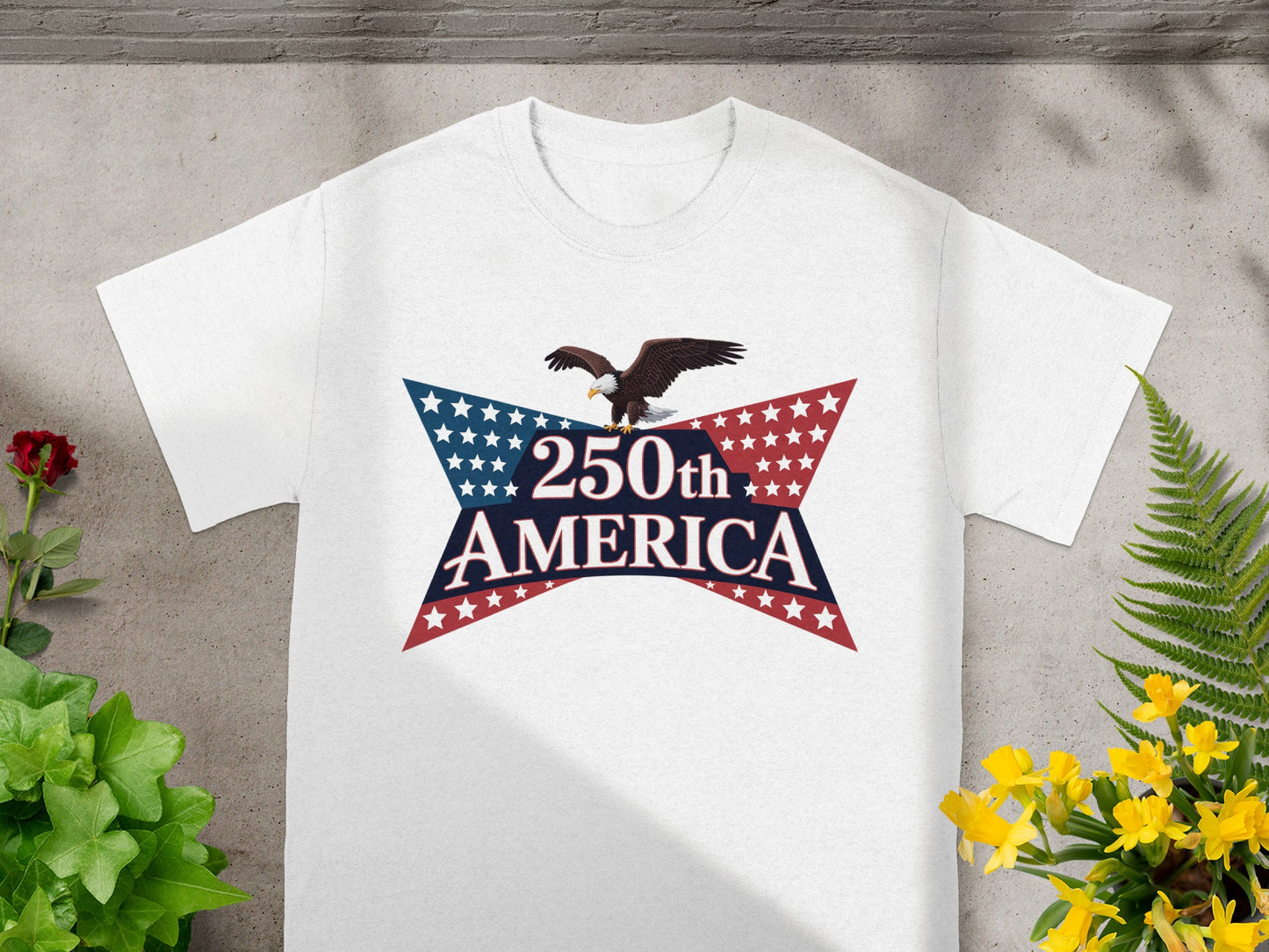 White t-shirt featuring a patriotic eagle and "250th America" text.