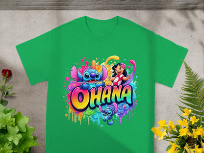 Green t-shirt with colorful Stitch and Lilo "Ohana" graphic.
