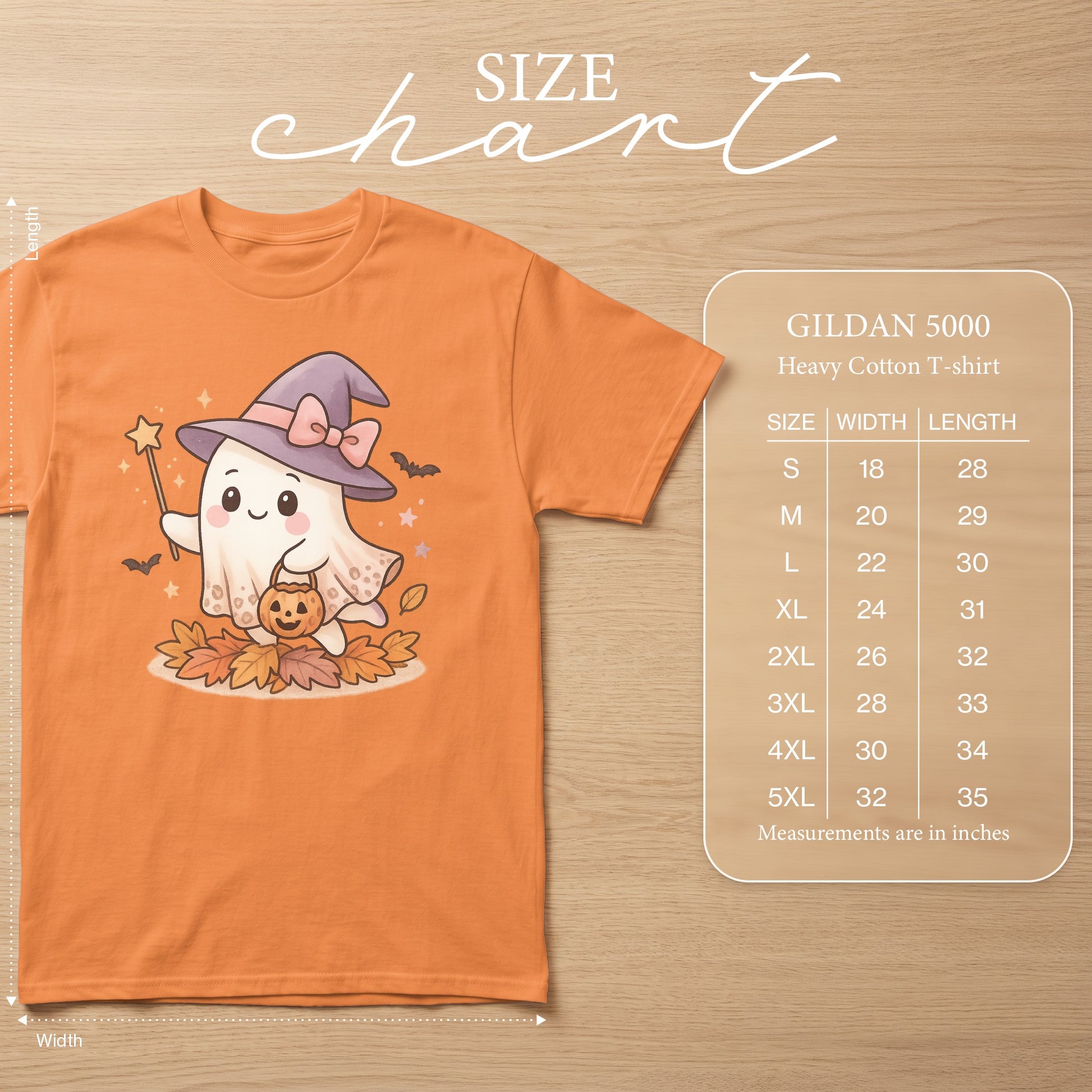 Orange t-shirt with a cute ghost graphic and Gildan 5000 heavy cotton t-shirt size chart.