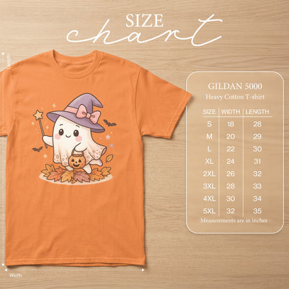 Orange t-shirt with a cute ghost graphic and Gildan 5000 heavy cotton t-shirt size chart.