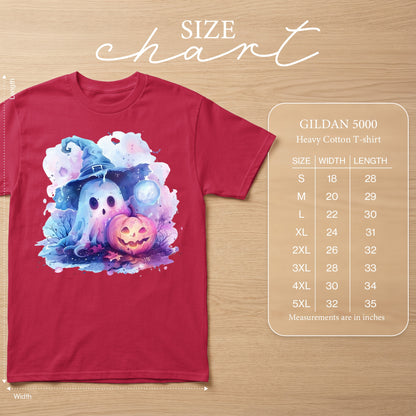 Red t-shirt with watercolor ghost and jack-o-lantern graphic, Gildan 5000 size chart.