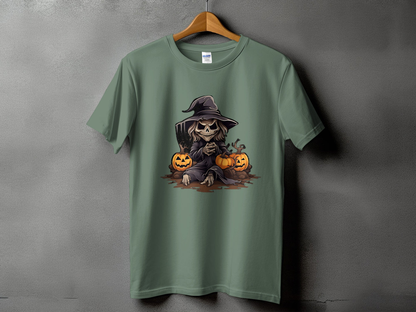 T-shirt with Grim Reaper character and pumpkins illustration.