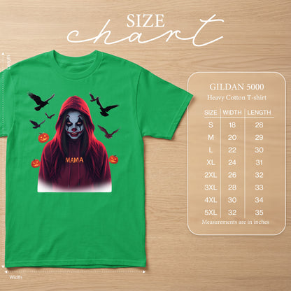 Green t-shirt with a clown graphic, crows, and pumpkins. Includes a size chart.