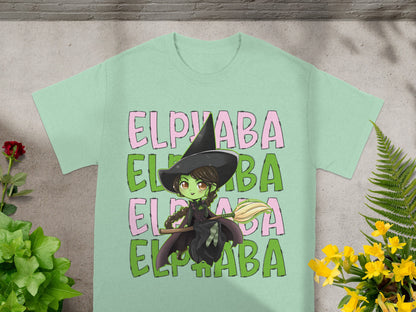 Green t-shirt with "ELPHABA" text and a cartoon witch holding a broom.